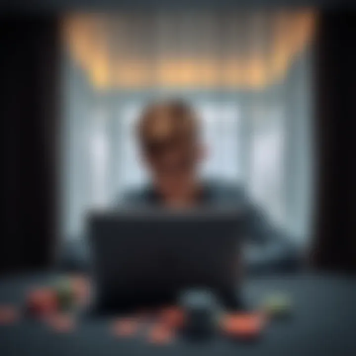 A young person sits alone at a table, looking pensive and sad, with gambling chips scattered around and a laptop in front of them, symbolizing online gambling losses.