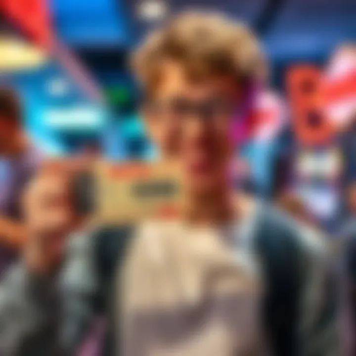 A young player excitedly showing a scratch-off ticket after winning $200
