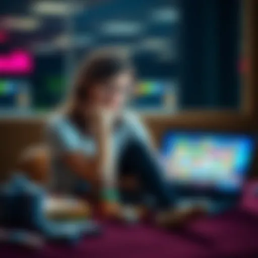 A young woman sits alone, looking thoughtful and worried, surrounded by gambling-related items like a laptop displaying online slots, symbolizing her struggle with addiction.