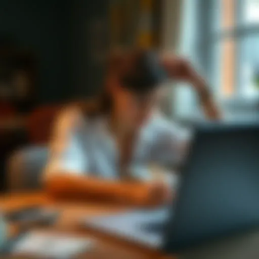 A 22-year-old woman sitting at a table, looking concerned and holding her head, surrounded by bills and a laptop, symbolizing her struggle with gambling addiction and search for financial help.