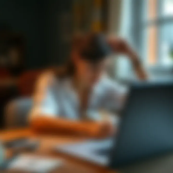A 22-year-old woman sitting at a table, looking concerned and holding her head, surrounded by bills and a laptop, symbolizing her struggle with gambling addiction and search for financial help.