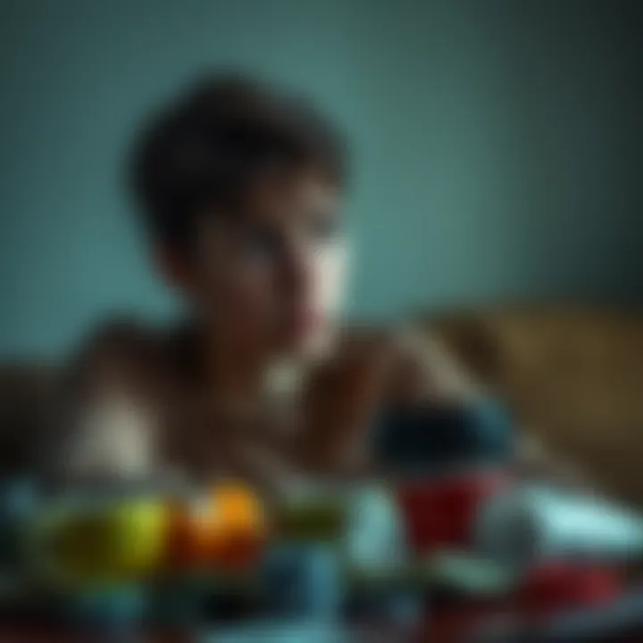 A young adult sitting alone with a worried expression, reflecting on their struggles with a family member's gambling addiction, surrounded by bills and empty coffee cups.