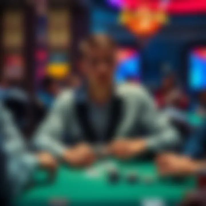 A young man playing blackjack at a small casino table, looking concerned while other players make poor moves.