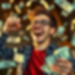 A 22.5-year-old individual joyfully celebrating financial success with a big smile and a fist pump, surrounded by dollar bills