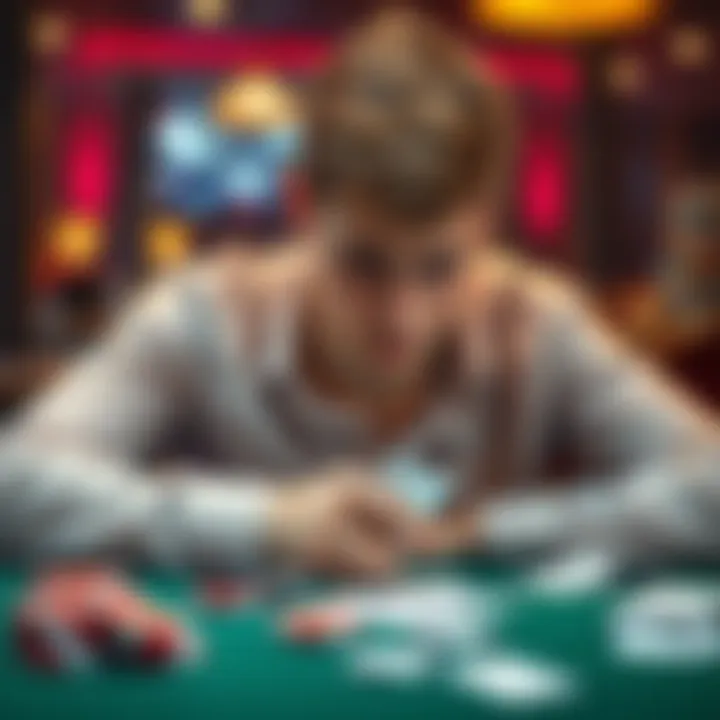 Young gambler looking worried An 18-year-old male gambler sitting at a table with a distressed expression, surrounded by playing cards and chips, symbolizing his struggle with gambling addiction.
