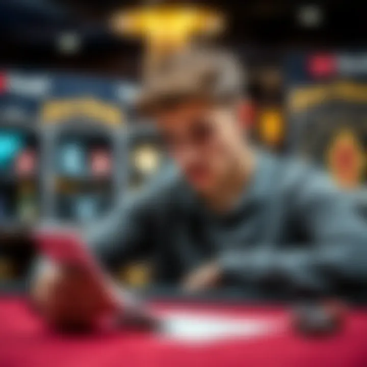 A 19-year-old man studying blackjack strategies using a digital app while focused on a deck of cards at a table