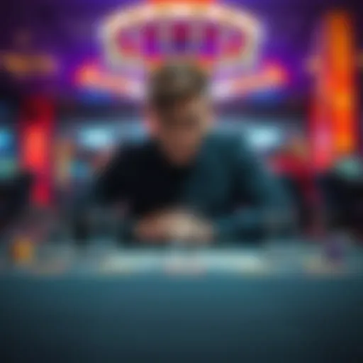 A 24-year-old man sits at a casino table looking disappointed after losing money. Empty drink glasses are nearby, symbolizing his impulsive decisions. He appears troubled and deep in thought about his...
