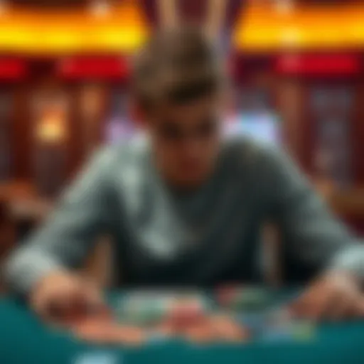 An 18-year-old man looks distressed at a casino table covered with chips and cards, showing signs of frustration after losing money.