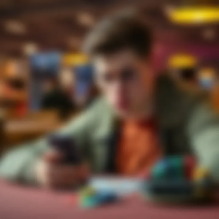 A 21-year-old man looks worried while sitting at a table with gambling chips and a phone showing a betting app. He appears conflicted about his choices.