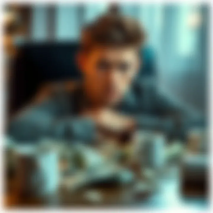 A 22-year-old man sitting at a table with a distressed expression, surrounded by bills and empty coffee cups, reflecting on his gambling losses