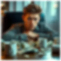 Young man overwhelmed by debt A 22-year-old man sitting at a table with a distressed expression, surrounded by bills and empty coffee cups, reflecting on his gambling losses