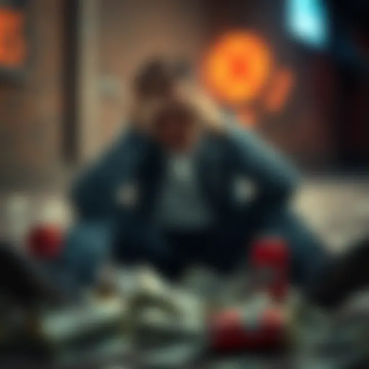 Young man in distress A young man sitting on the ground with his head in his hands, surrounded by bills and empty beer cans, showing signs of financial trouble and despair.