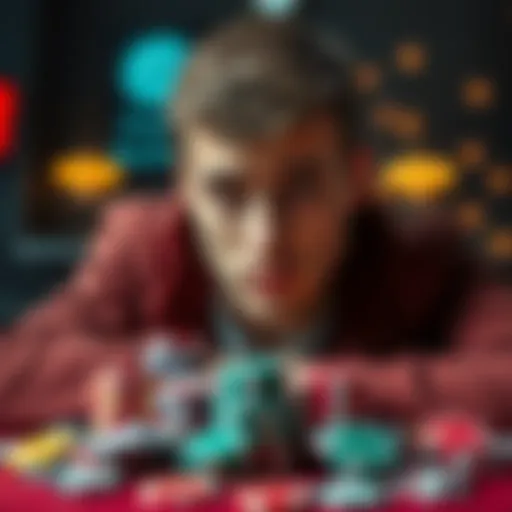 A 25-year-old man looks worried and sad, with a pile of gambling chips in front of him, symbolizing his struggle with gambling addiction.