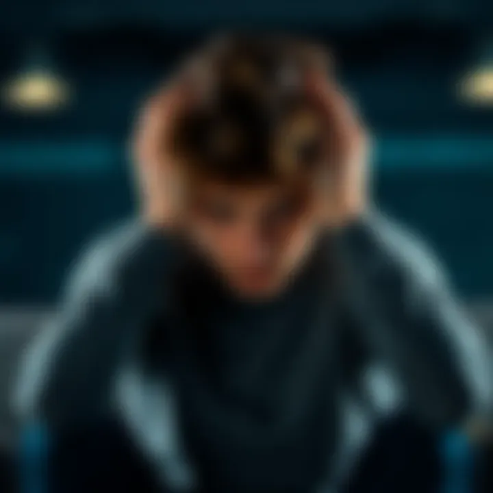 A young man looks distressed while sitting with his head in his hands, symbolizing struggle with debts and gambling issues.