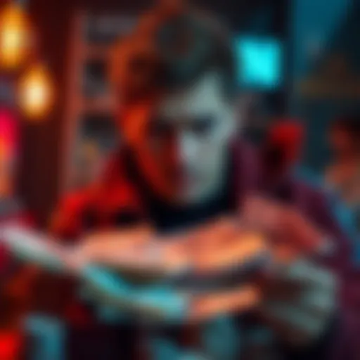 A young man appears worried as he stares at a pile of unpaid bills, representing the struggles of gambling addiction.