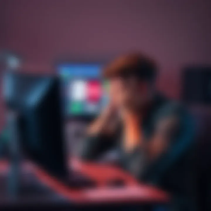 A 22-year-old man sits at a desk with his head in his hands, looking at a computer screen filled with gambling websites, showing signs of stress and anxiety.