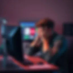 Young man looking distressed at a computer A 22-year-old man sits at a desk with his head in his hands, looking at a computer screen filled with gambling websites, showing signs of stress and anxiety.