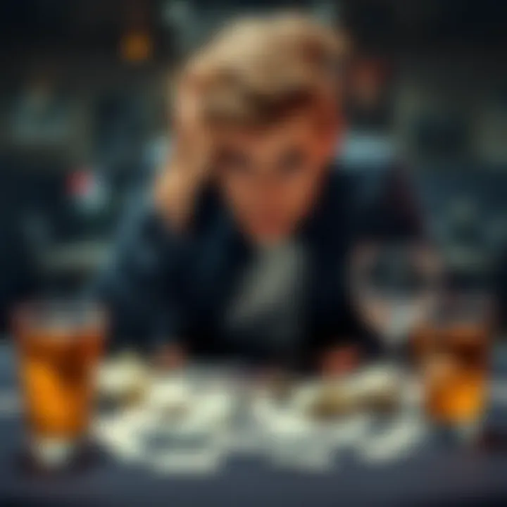 A 23-year-old man sitting alone at a table with a worried expression, holding his head in his hands, surrounded by lost betting slips and empty glasses, representing a gambling loss of 11,000 dollars.