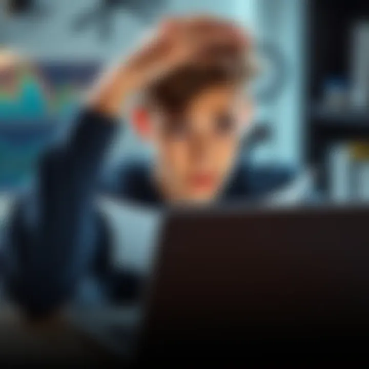 A 21-year-old man looks worried, holding his head in his hands with papers and a laptop in front of him, symbolizing financial struggles.