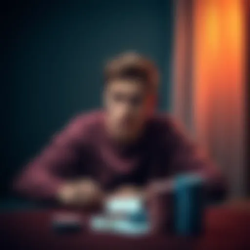 A 20-year-old man sitting alone in a dimly lit room, looking thoughtful and concerned, with playing cards and a poker chip on the table in front of him.