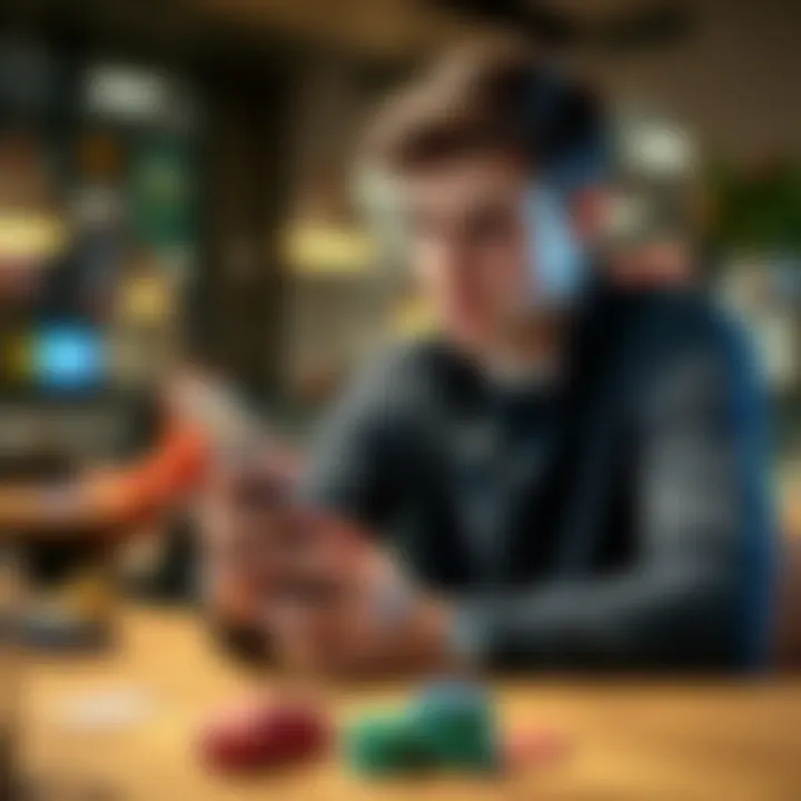 A 24-year-old man sitting at a table, thoughtfully looking at his iPhone while considering his struggle with gambling addiction.