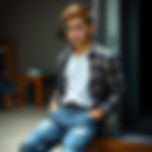 An 18-year-old electrician apprentice sitting alone, looking worried with empty pockets, symbolizing loss and the search for support against gambling addiction.
