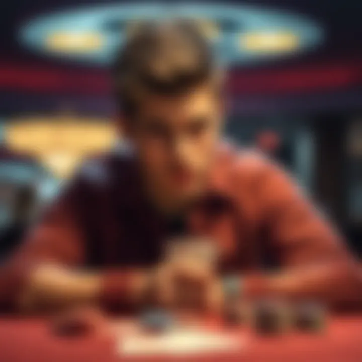 A concerned 19-year-old man appears troubled as he reflects on his gambling losses. He sits at a table with a worried expression, surrounded by gambling cards and chips, symbolizing his struggle with ...
