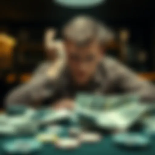 A 23-year-old man sits at a table with a worried expression, surrounded by bills and gambling chips, showing his struggle with debt and addiction.