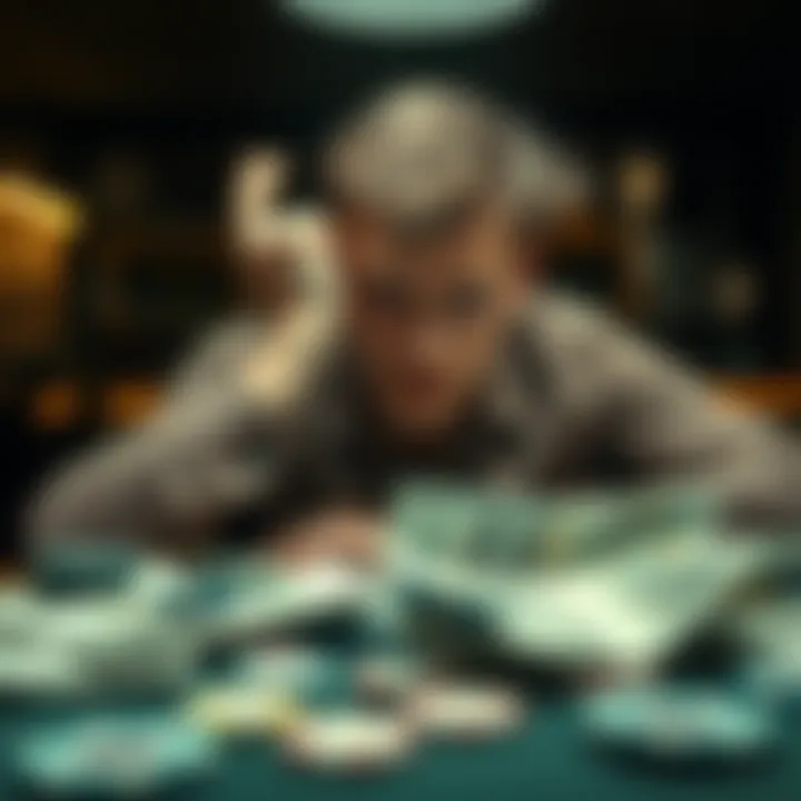 A 23-year-old man sits at a table with a worried expression, surrounded by bills and gambling chips, showing his struggle with debt and addiction.