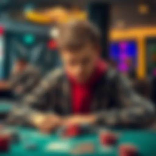 A young man sitting at a gaming table with a worried expression, surrounded by chips and cards, illustrating the impact of gambling loss.