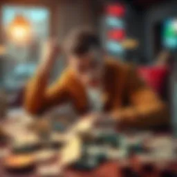 A young man looking worried while sitting at a table with bills scattered around, symbolizing financial loss and the effects of gambling addiction.