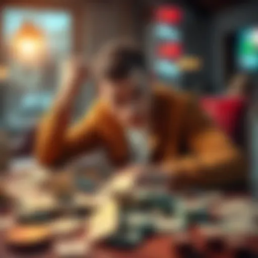 A young man looking worried while sitting at a table with bills scattered around, symbolizing financial loss and the effects of gambling addiction.