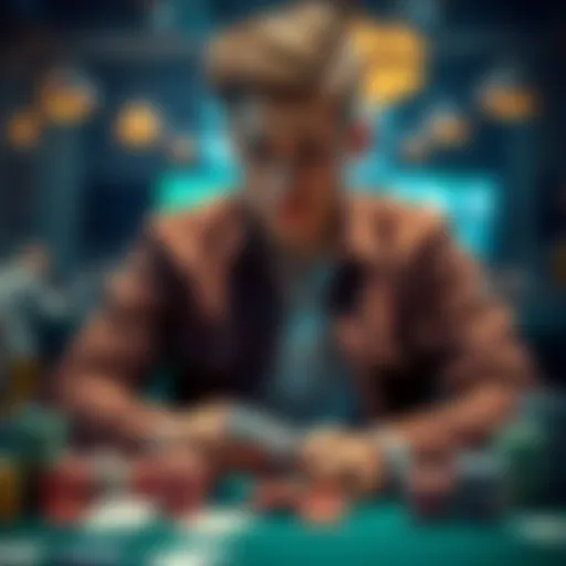 A young man looking thoughtful, surrounded by gambling items like cards and chips, showing frustration and concern about his gambling habits