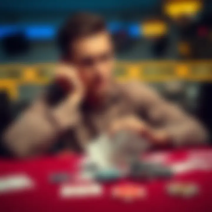 A young man sitting at a table with a thoughtful expression, looking at empty playing cards and chips, symbolizing his struggles with gambling losses.