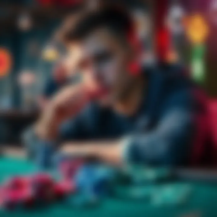 A 22-year-old man looks thoughtful while sitting at a table, with a few gambling chips scattered around, representing his struggles with gambling addiction.