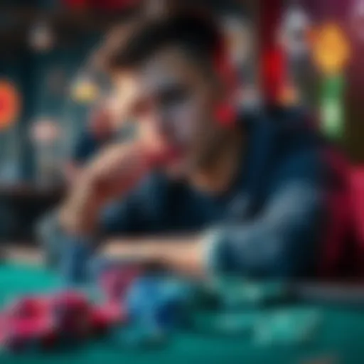 Young man reflecting on gambling issues A 22-year-old man looks thoughtful while sitting at a table, with a few gambling chips scattered around, representing his struggles with gambling addiction.