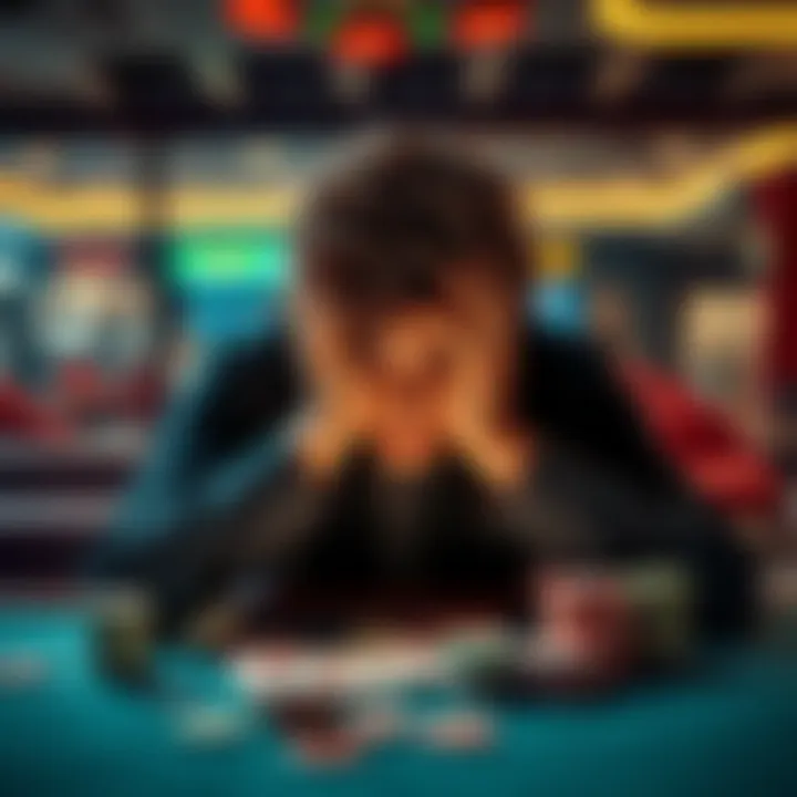 Young man looking stressed over gambling A young man sits at a table with his head in his hands, surrounded by playing cards and casino chips, appearing worried about his gambling problems.