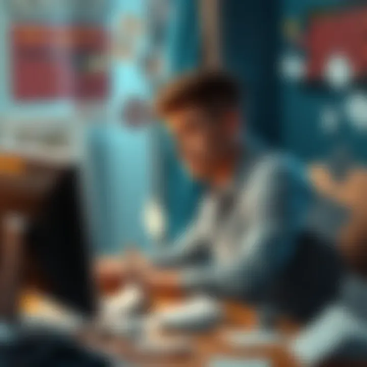 A young man sits at a computer, looking worried as he plays online casino games. Papers with bills and debt notices are scattered around him, symbolizing financial struggles.