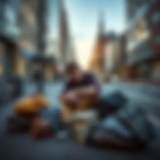 Young man sitting on a city street A 25-year-old man sits on a sidewalk with his head down, surrounded by his belongings in bags, showing despair and loss due to gambling.