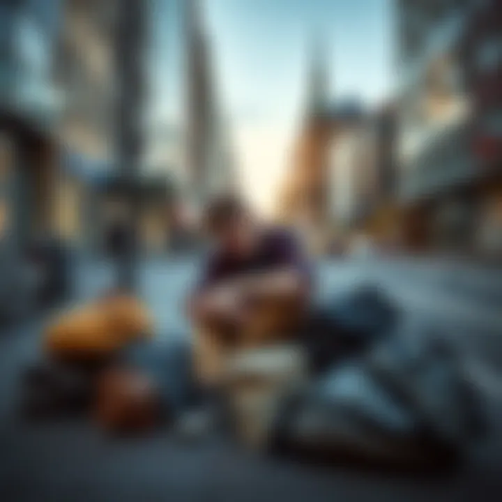Young man sitting on a city street A 25-year-old man sits on a sidewalk with his head down, surrounded by his belongings in bags, showing despair and loss due to gambling.