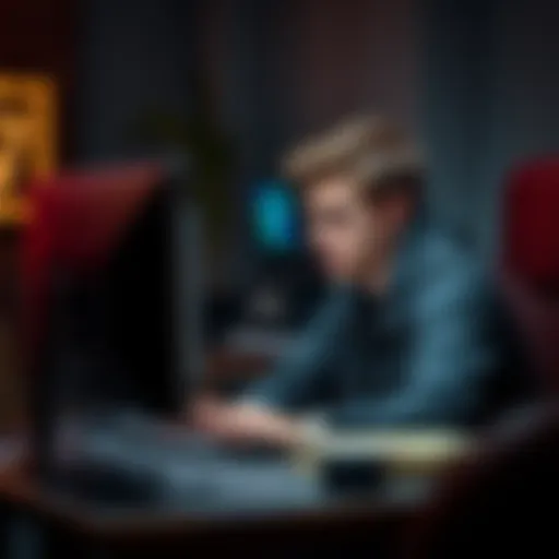 A young man reflecting on his online gambling loss, looking distressed at his computer screen