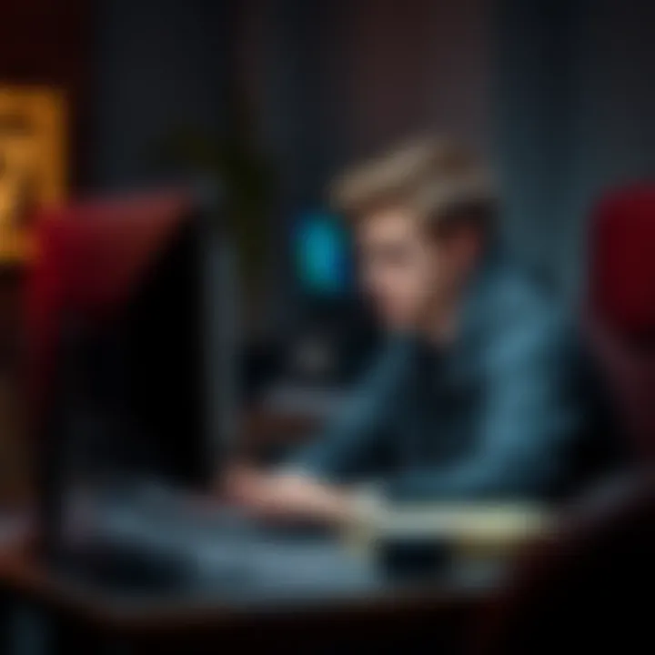 A young man reflecting on his online gambling loss, looking distressed at his computer screen