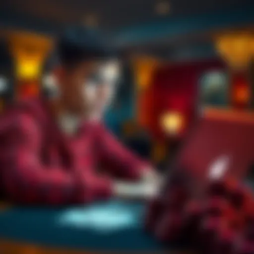A 19-year-old male focused on his laptop while playing online poker, with cards and poker chips on the table