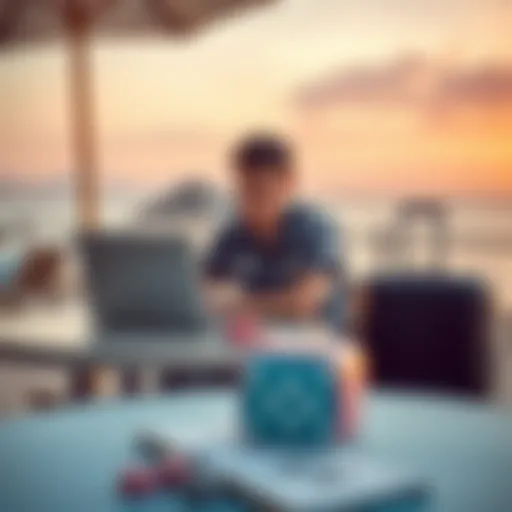 A young man with a laptop sitting at a beachside table, looking at online poker sites, with a suitcase nearby, symbolizing his desire to move abroad for playing poker.