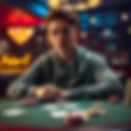 Young man pondering poker career A young man in his twenties sits at a table, contemplating a career change from software engineering to professional poker, with playing cards and chips in front of him.