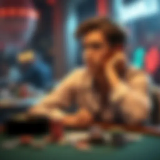 A young man in his twenties sits at a table with a thoughtful expression, surrounded by gambling chips and cards, contemplating his past decisions related to gambling.