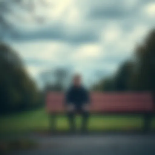 Young man reflecting on life A young man sitting alone on a park bench, looking thoughtful and lost in his thoughts, surrounded by trees and a cloudy sky.