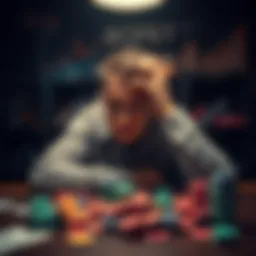 A young man looks distressed while sitting at a table scattered with gambling chips and trading charts, symbolizing his struggles with gambling and Forex trading.