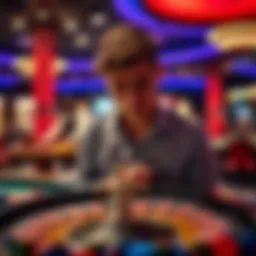 A young man looks distressed while standing at a roulette table in a casino, with chips scattered around and a dealer in the background.
