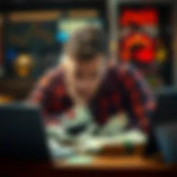 A young man sits at a table with his head in his hands, surrounded by betting slips and a laptop. He looks overwhelmed and worried about his financial situation.